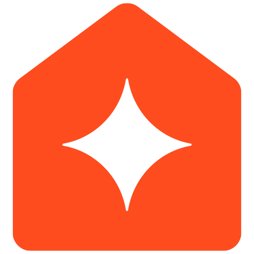 Icône orange représentant une forme de maison stylisée avec un symbole étoilé au centre