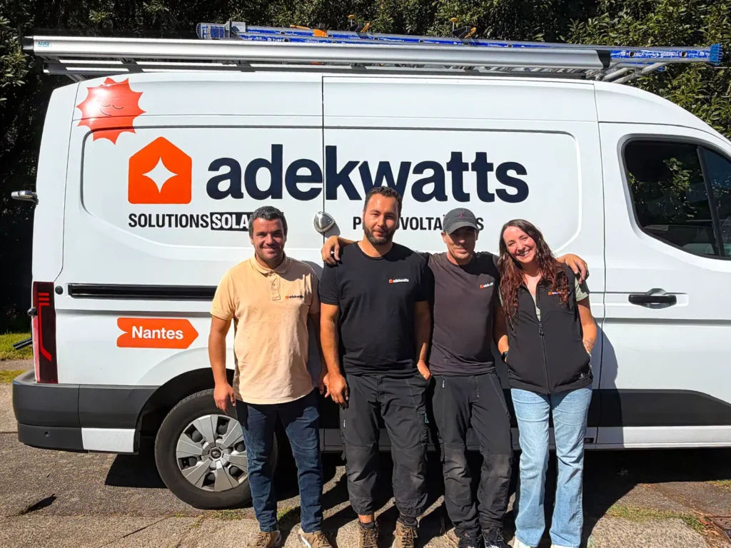 Quatre membres de l'équipe Adekwatts Loire-Atlantique posent souriants devant un utilitaire blanc floqué Adekwatts Nantes, équipé d'échelles sur la galerie de toit.