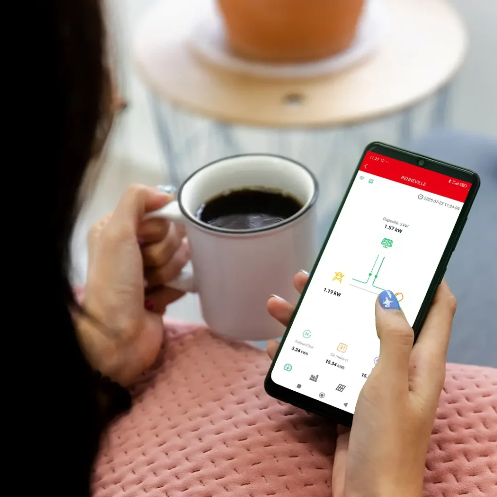 Une personne consulte l’application de suivi de production de son installation solaire depuis son smartphone