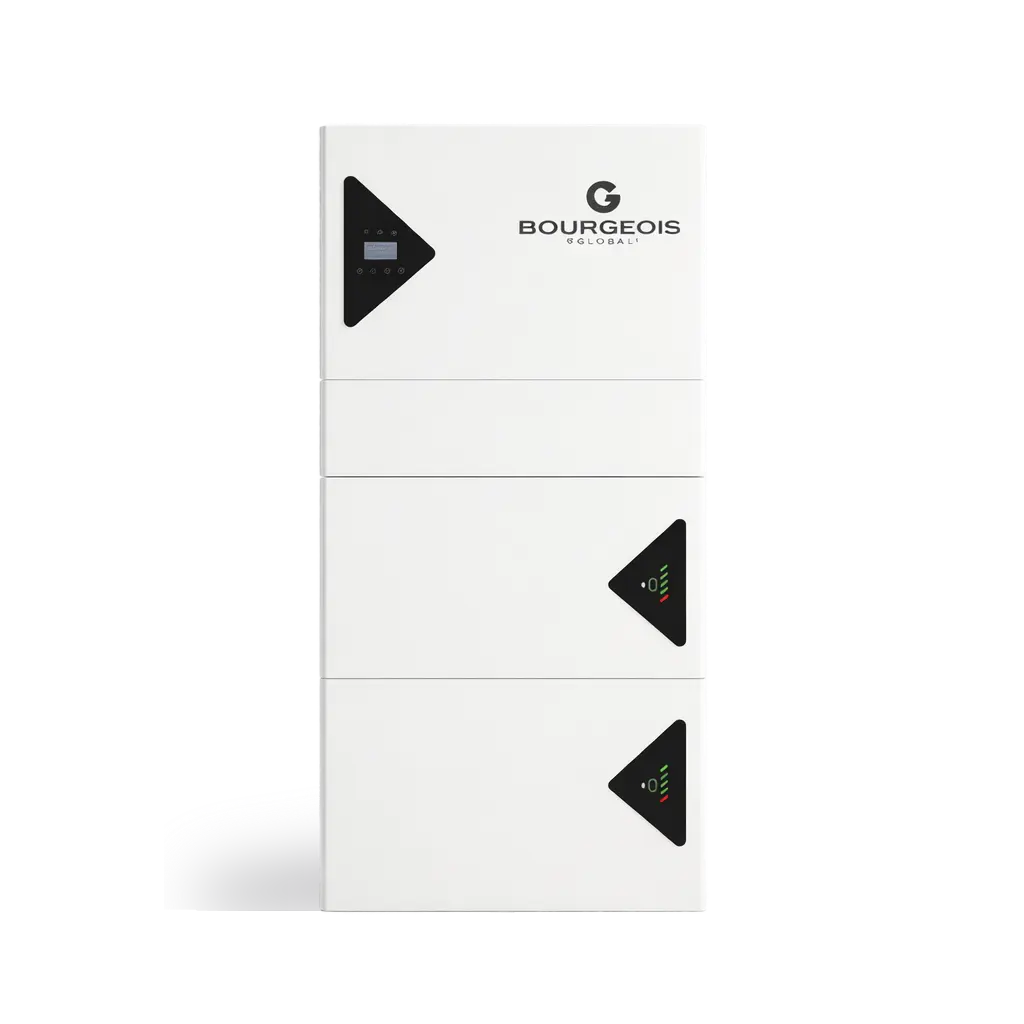 Batterie de stockage photovoltaïque Bourgeois Global installée au mur, solution modulaire pour stocker l’énergie solaire et augmenter l’autoconsommation.