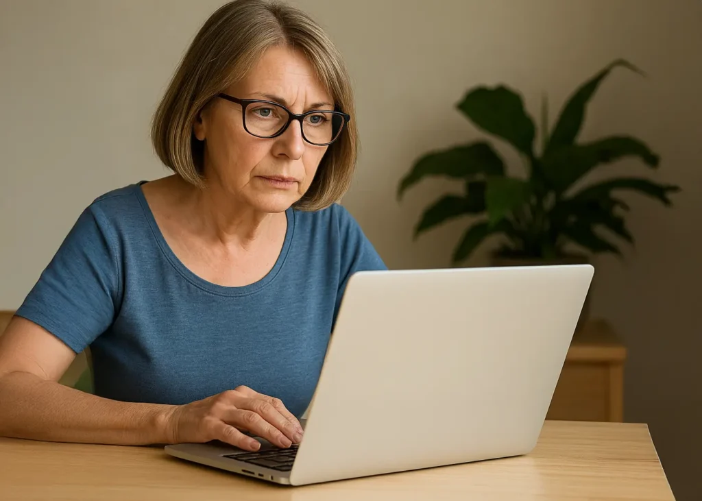 Une femme consulte les démarches administratives en ligne pour installer des panneaux solaires sur son logement