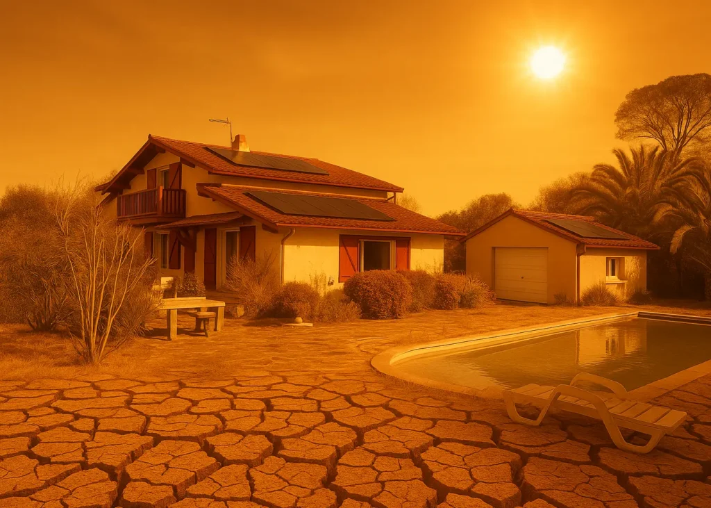 Maison équipée de panneaux solaires sous une forte chaleur estivale, illustrant l’impact des canicules