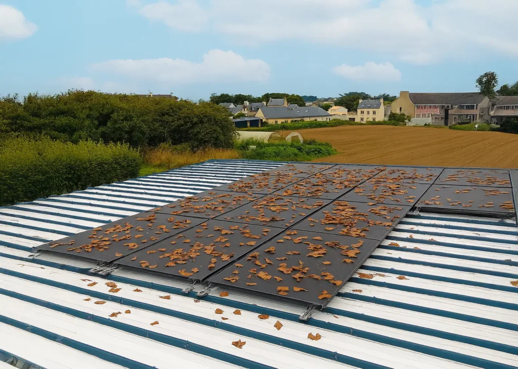 Panneaux solaires partiellement couverts de feuilles mortes, illustrant l’effet de l’ombre sur la production photovoltaïque