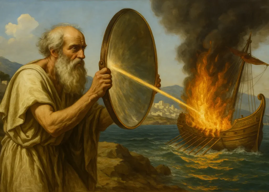 Illustration historique des miroirs ardents d’Archimède mettant le feu à un navire avec la lumière du soleil