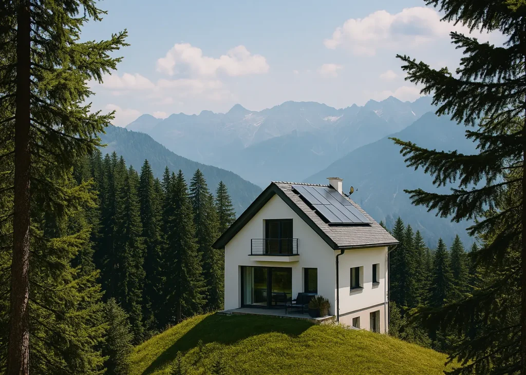 Maison isolée en montagne équipée de panneaux solaires photovoltaïques pour viser l’autonomie énergétique