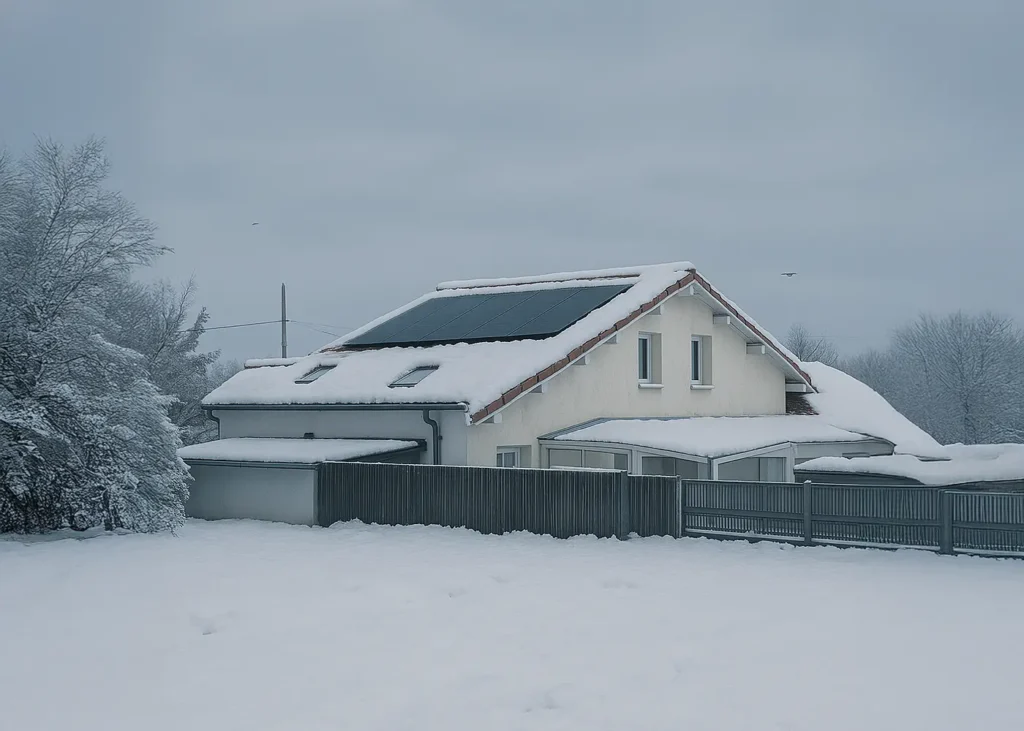 Maison équipée de panneaux solaires photovoltaïques en hiver, recouverte de neige