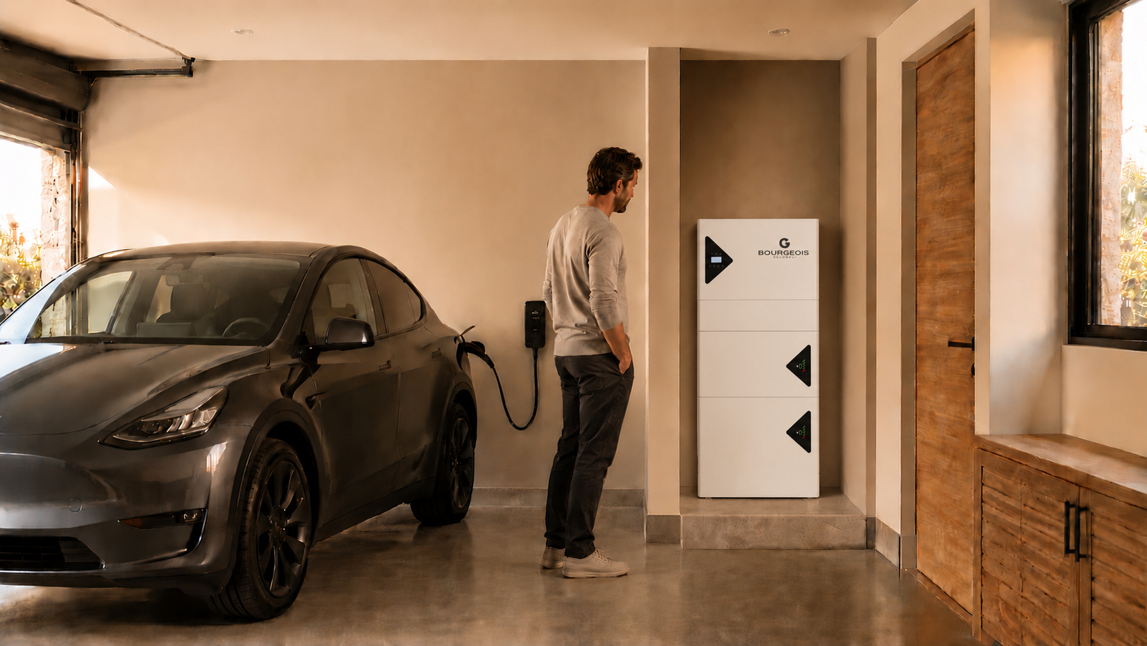 Borne de recharge murale et batterie de stockage Bourgeois Global installées dans un garage résidentiel, à côté d'un véhicule électrique en charge