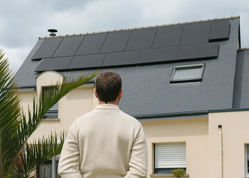 Un homme observe sa maison équipée de panneaux solaires, illustrant la notion de taux de couverture et d’autoconsommation énergétique