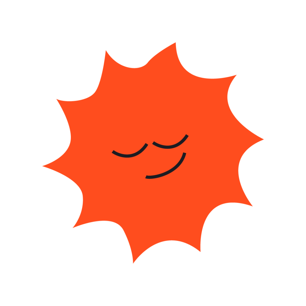 Soleil stylisé orange avec un visage souriant aux yeux fermés, sur fond blanc.