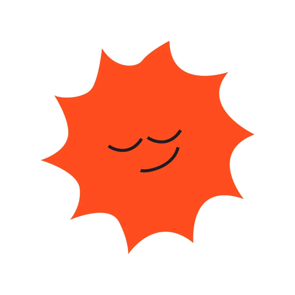 Soleil stylisé orange avec un visage souriant aux yeux fermés, sur fond blanc.