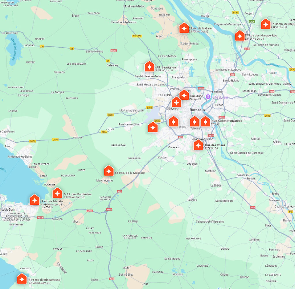 Carte des installations photovoltaïques réalisées par Adekwatts en Gironde autour de Bordeaux et du Bassin d’Arcachon