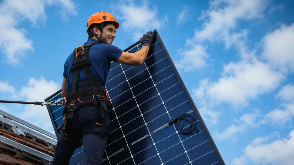 Installateur Adekwatts posant un panneau solaire photovoltaïque sur une toiture