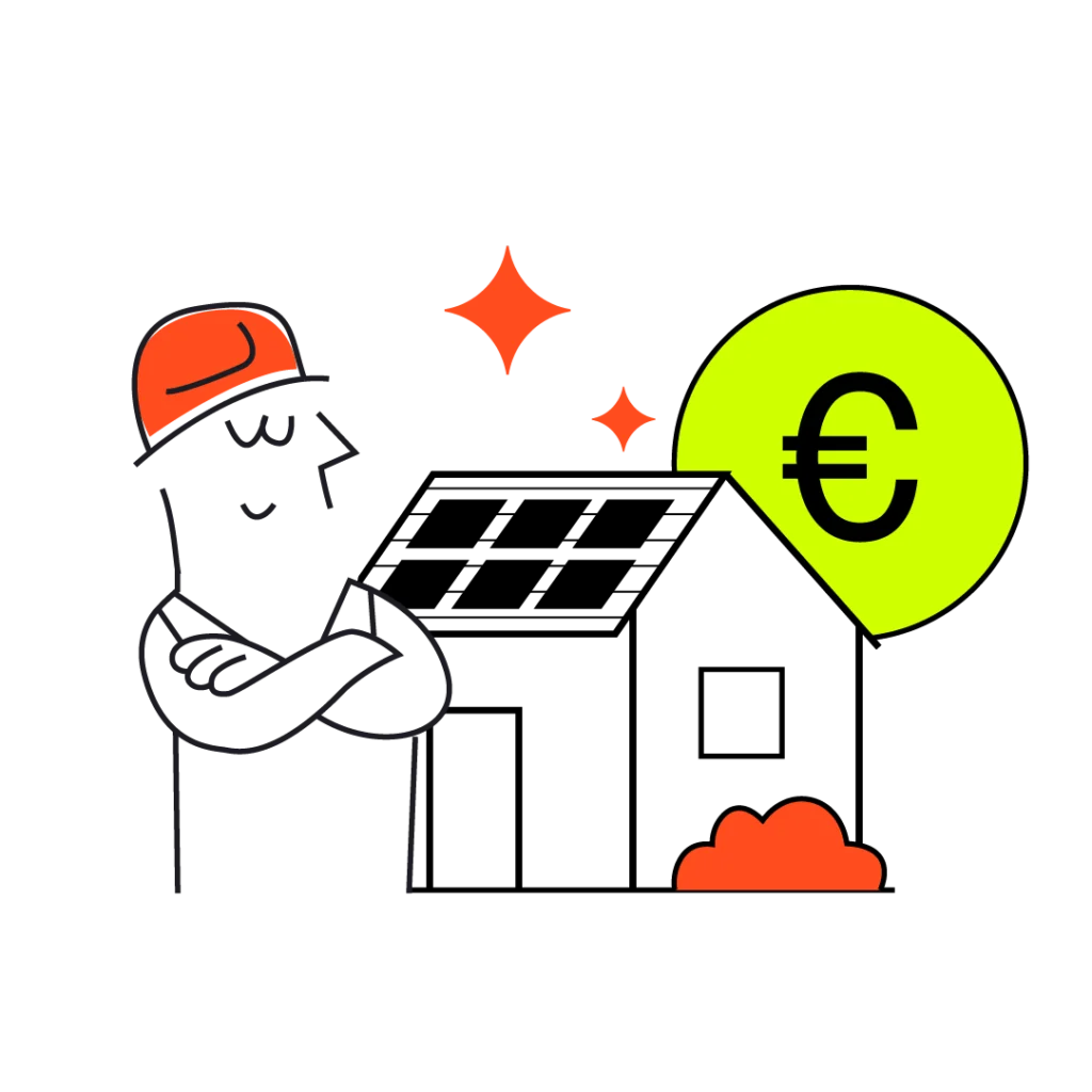 Illustration d'un technicien les bras croisés devant une maison avec panneaux solaires et bulle indiquant une valorisation financière