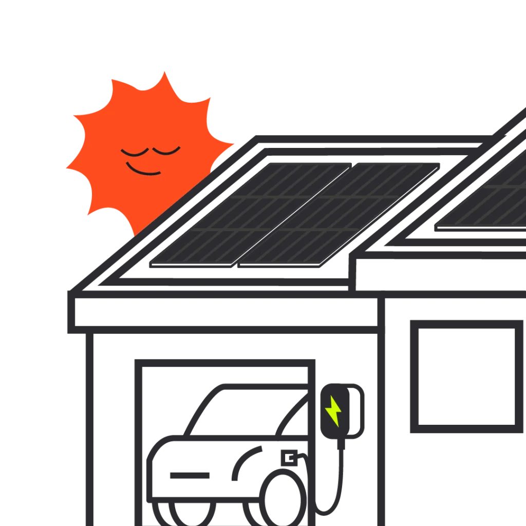 Maison avec panneaux solaires rechargeant une voiture électrique