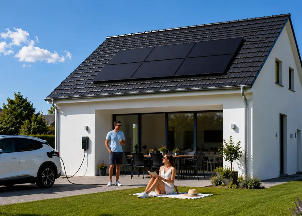 Maison moderne équipée de 6 panneaux solaires avec borne de recharge pour voiture électrique lors d’une journée d’été.