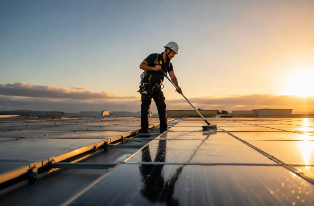 Technicien Adekwatts en équipement de sécurité nettoyant des panneaux solaires sur toiture
