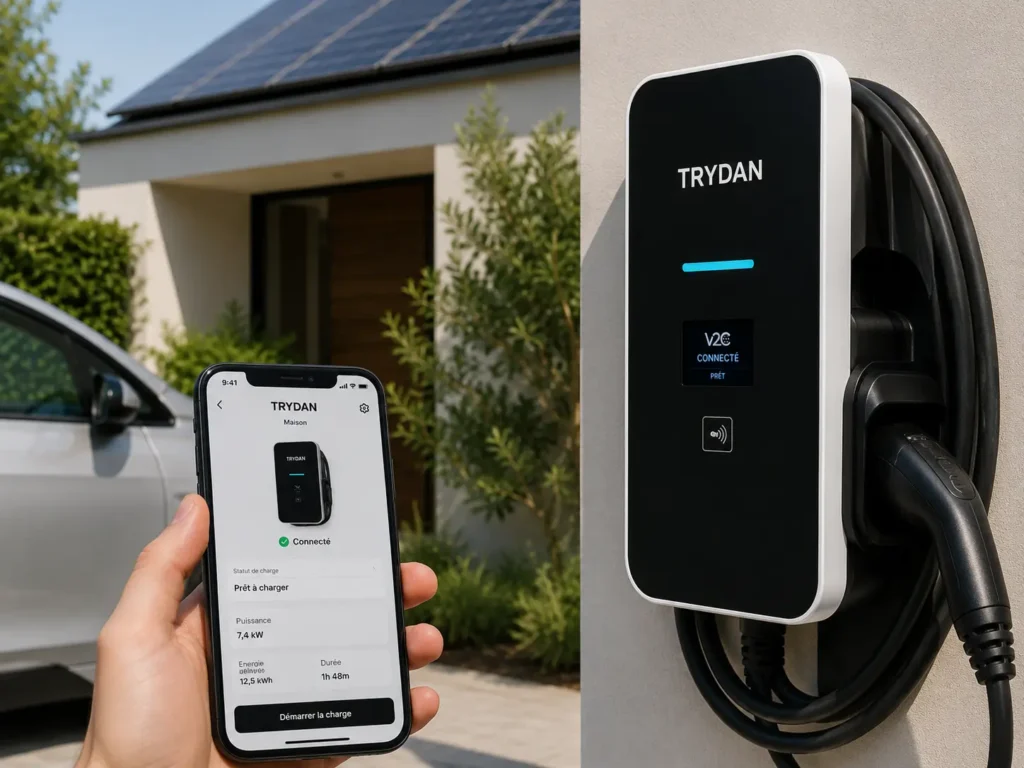 Main tenant un smartphone affichant l'application TRYDAN avec statut "Connecté", "Prêt à charger", puissance 7,4 kW et énergie 12,5 kWh; à droite, borne V2C TRYDAN en gros plan avec écran affichant "V2C Connecté" et indicateur bleu