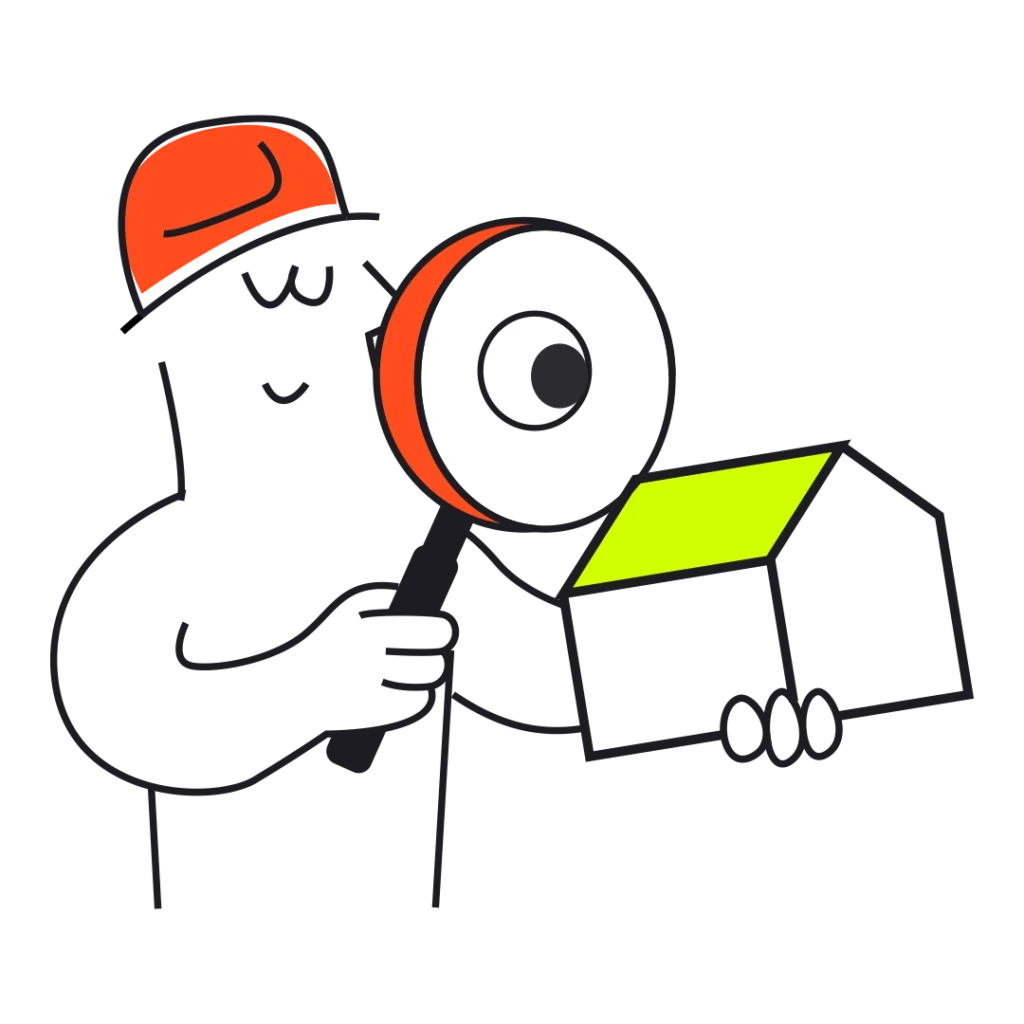 Illustration d'un conseiller Adekwatts tenant une loupe et une maquette de maison avec toit solaire, symbolisant l'étude de faisabilité photovoltaïqu