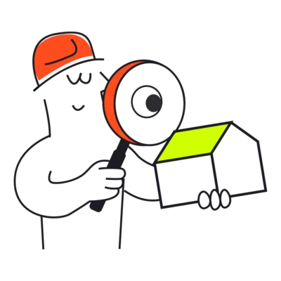 Illustration d'un conseiller Adekwatts tenant une loupe et une maquette de maison avec toit solaire, symbolisant l'étude de faisabilité photovoltaïqu