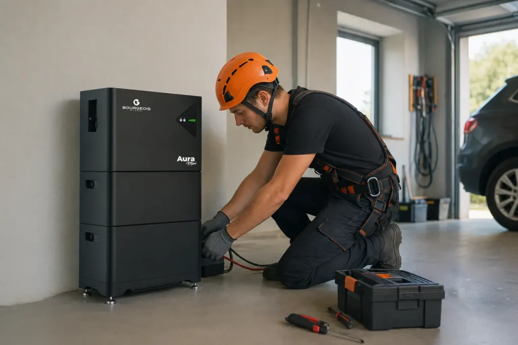 Technicien adekwatts en cours d'installation d'une batterie de stockage solaire Aura Mini posée au sol dans un garage résidentiel