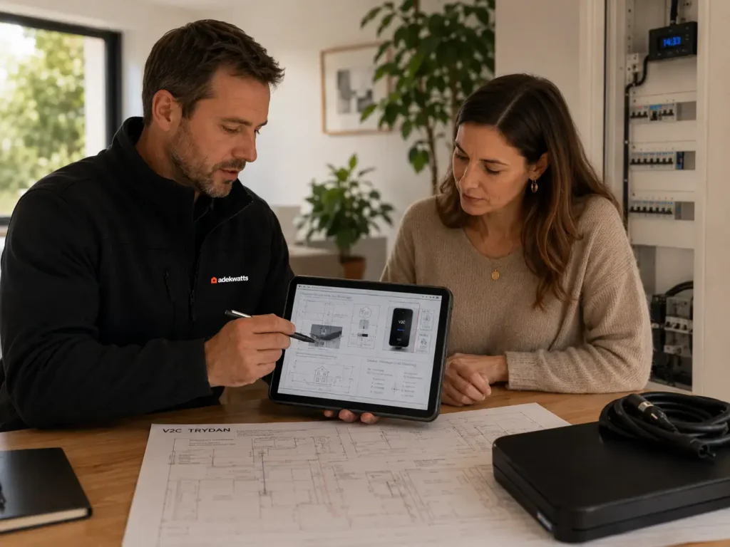 Technicien TRYDAN en vêtement professionnel noir pointant une tablette affichant les plans de la borne V2C, face à une cliente, devant un tableau électrique professionnel