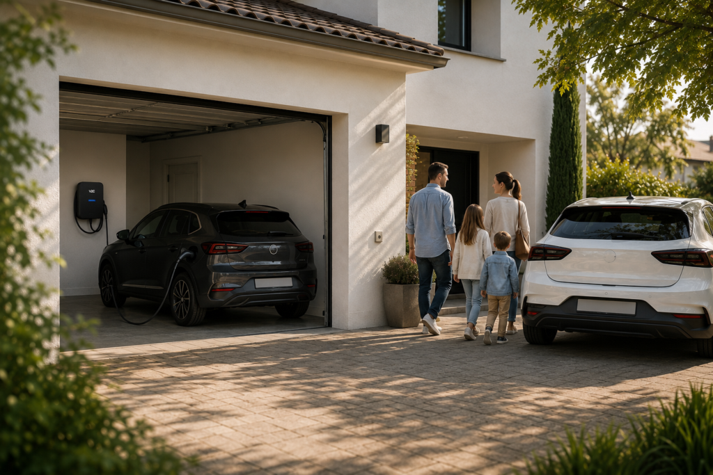Famille rentrant chez elle avec deux véhicules électriques, l'un en charge dans le garage, l'autre garé devant la maison