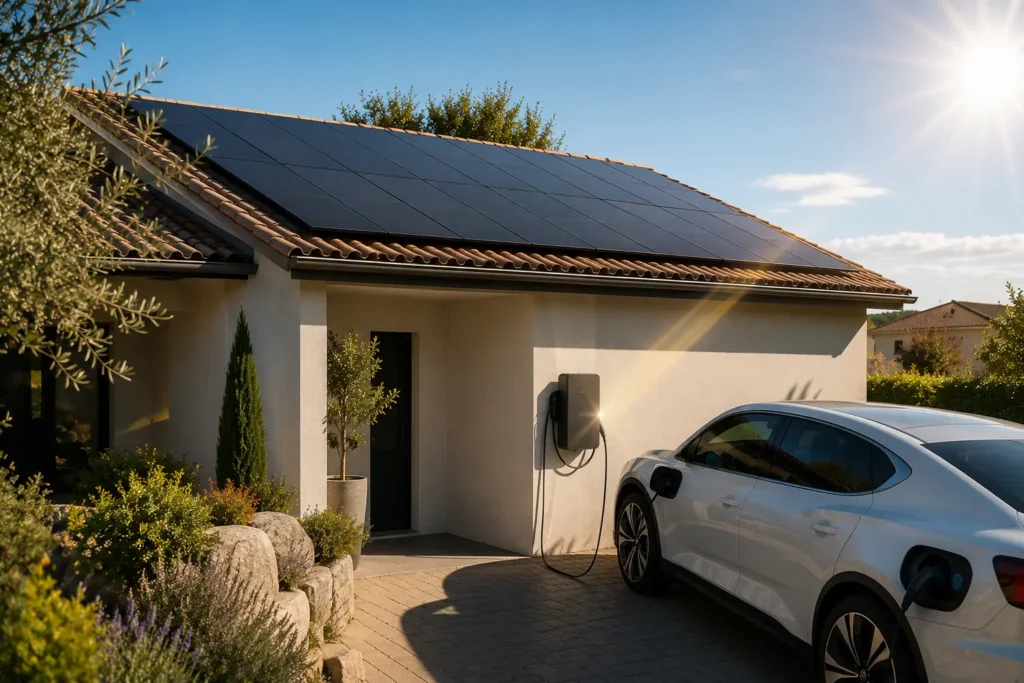 Maison équipée de panneaux photovoltaïques en toiture avec véhicule électrique en charge sur borne murale extérieure