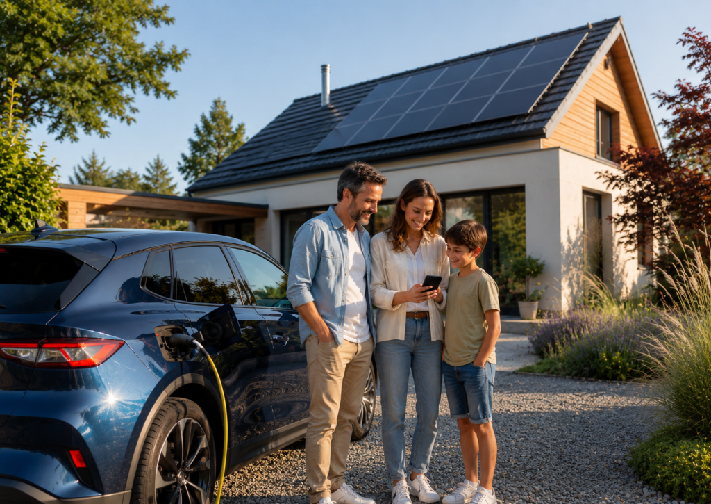 Famille souriante rechargeant sa voiture électrique devant une maison équipée de panneaux solaires