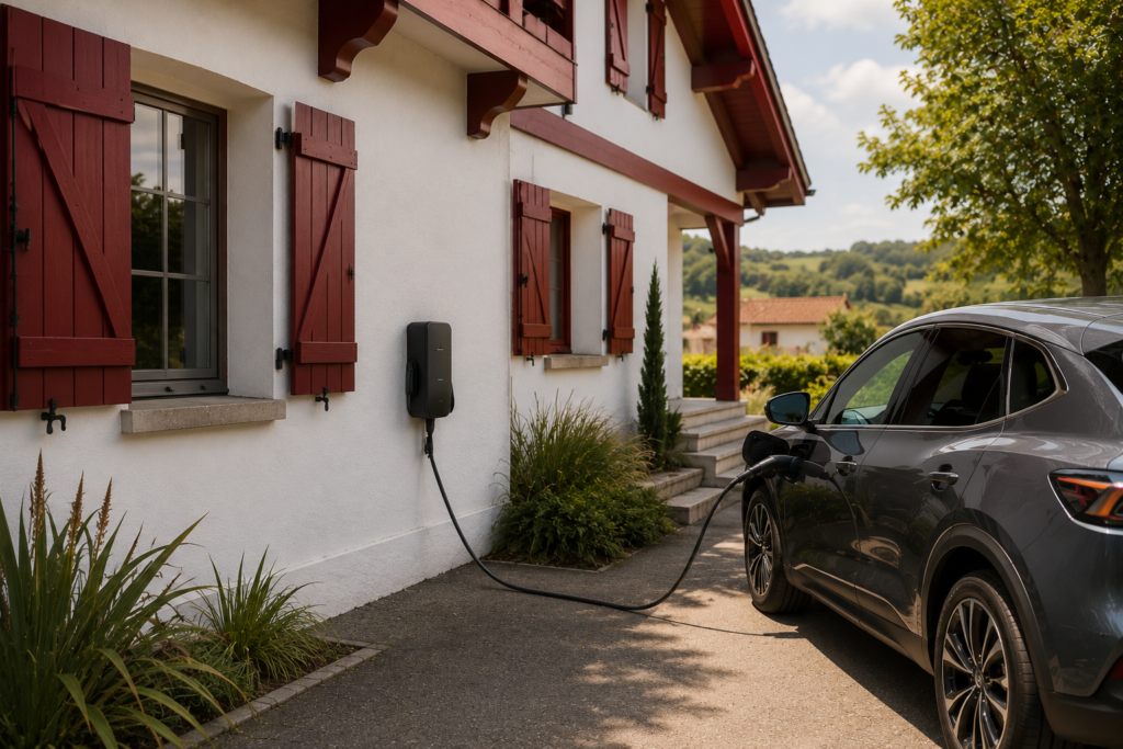 Borne de recharge murale installée sur la façade d'une maison basque à volets rouges, câble relié à un véhicule électrique garé à l'extérieur