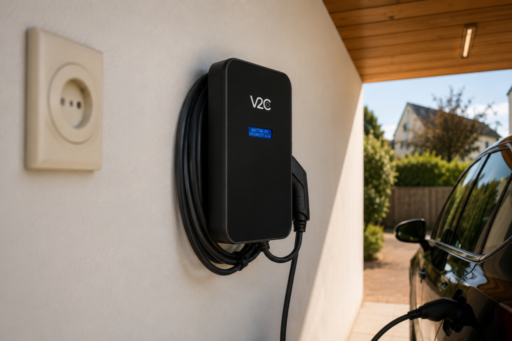 Comparaison entre une borne de recharge murale et une prise électrique classique, câble de recharge branché sur un véhicule