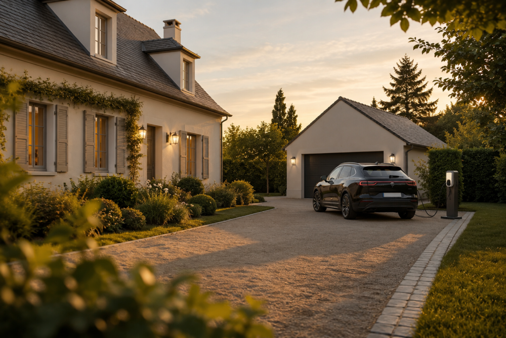 Borne de recharge extérieure installée près d'un garage détaché, véhicule électrique en charge dans l'allée d'une maison