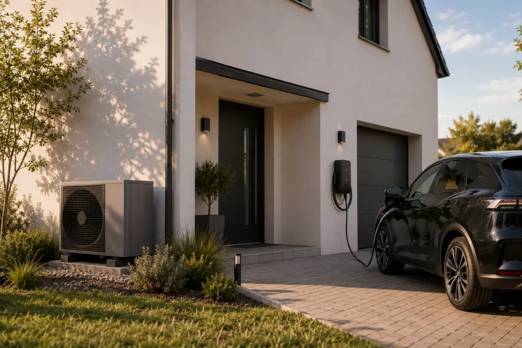 Maison équipée d'une pompe à chaleur extérieure et d'une borne de recharge murale, véhicule électrique branché dans l'allée