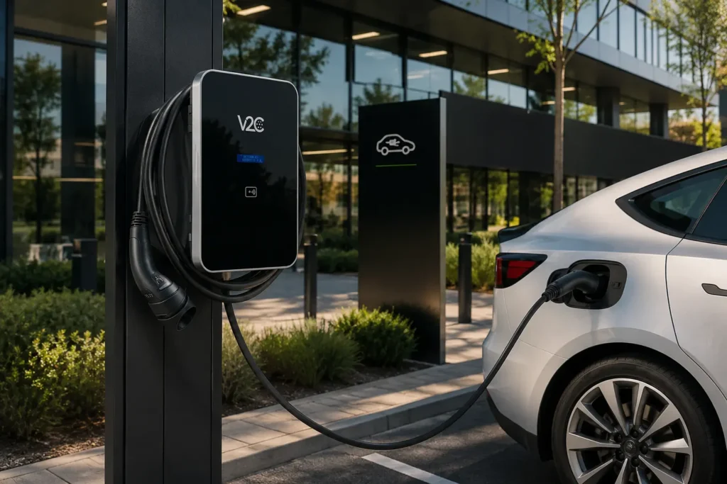 Borne de recharge V2C installée en entreprise, véhicule électrique blanc en charge devant un bâtiment tertiaire