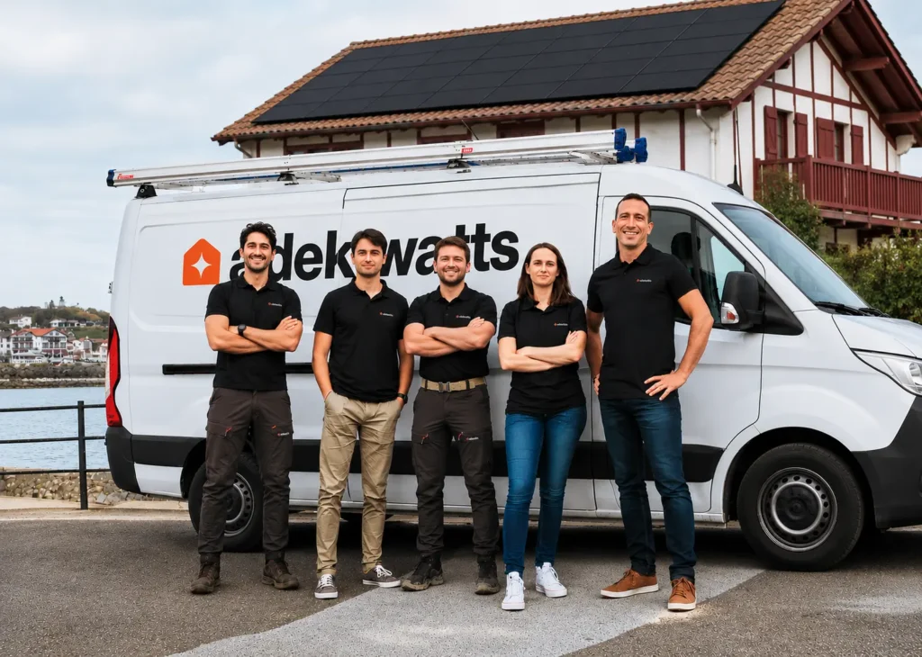 Équipe adekwatts des Pyrénées-Atlantiques devant un fourgon siglé, techniciens solaires bras croisés, maison basque avec panneaux solaires en arrière-plan