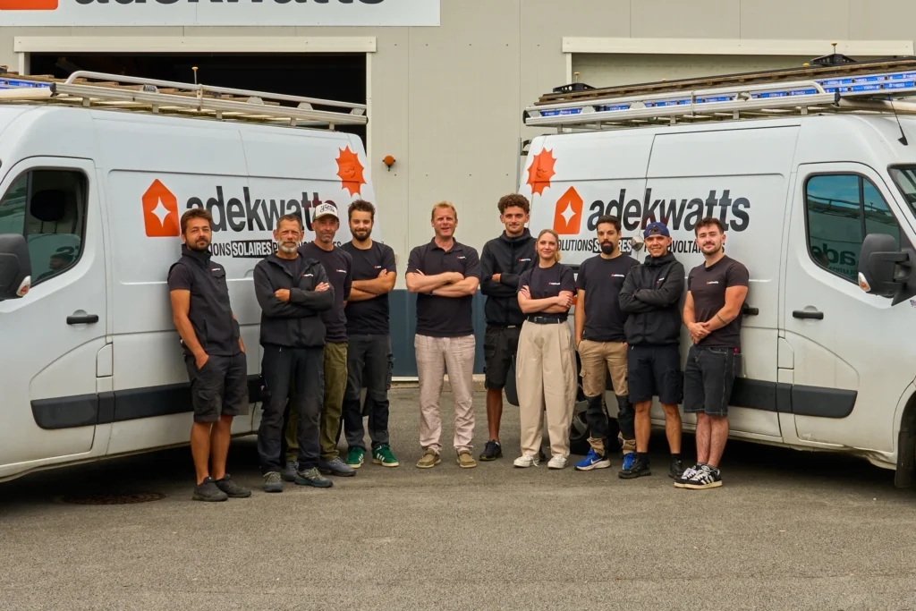 Équipe adekwatts du Finistère devant deux fourgons de chantier siglés, techniciens solaires bras croisés"