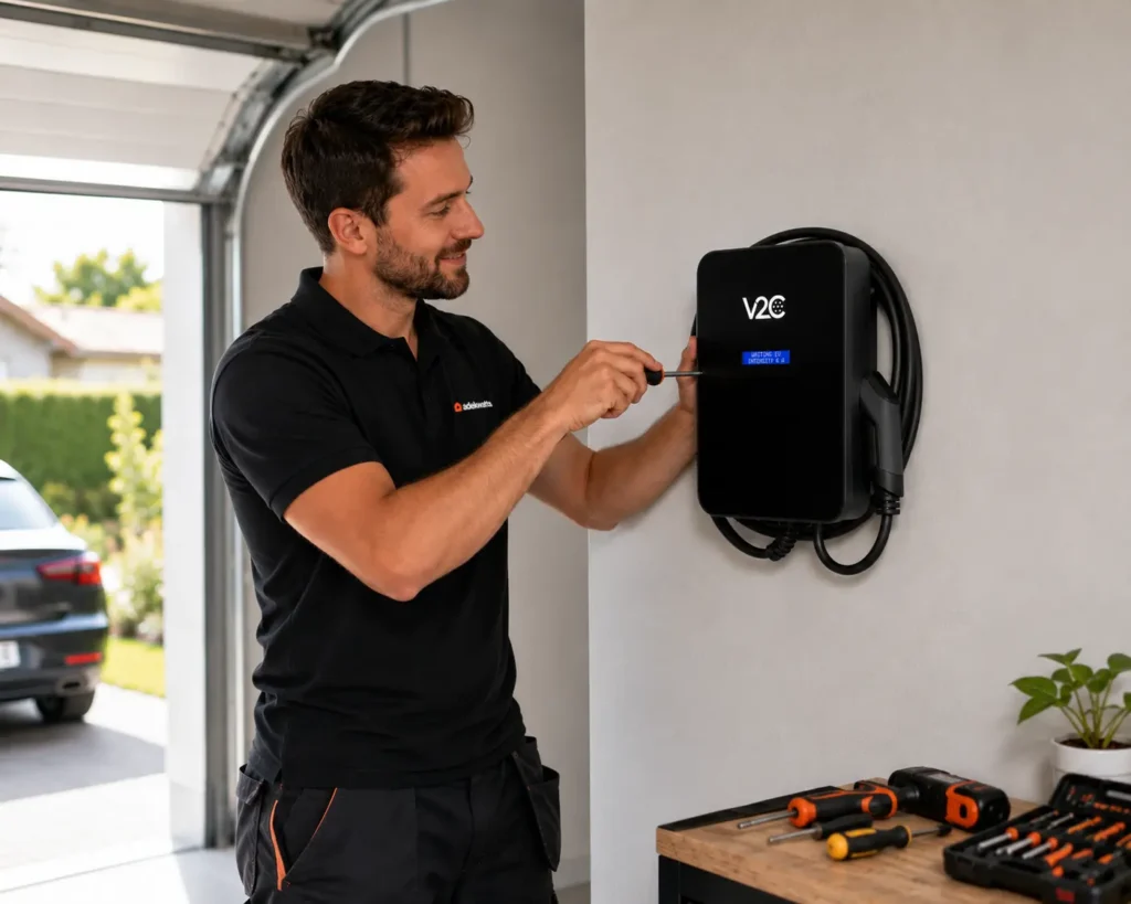 Technicien adekwatts installant une borne de recharge V2C Trydan sur le mur d'un garage résidentiel