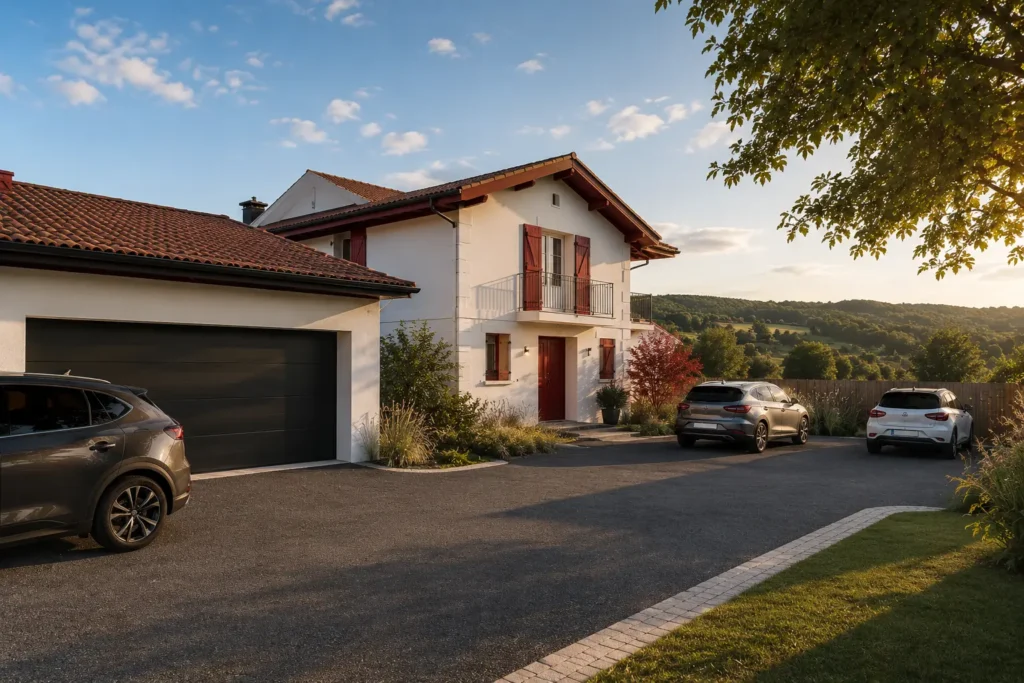 Maison de style basque à Bayonne avec garage et plusieurs véhicules stationnés sur une allée privée, vue sur les collines environnantes