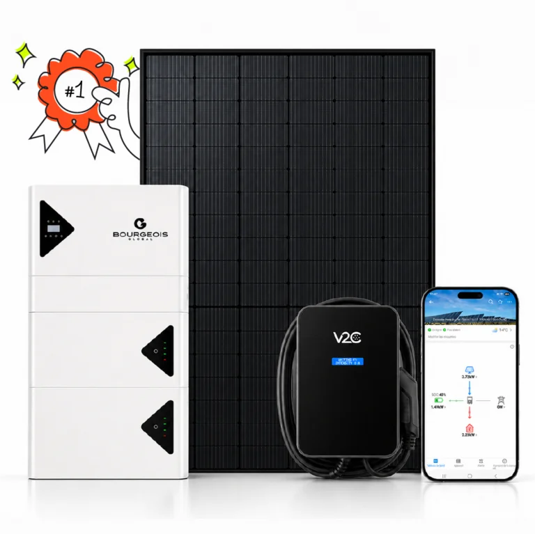 Offre solaire Premium Max : panneau photovoltaïque noir, batterie Bourgeois Global empilable, borne de recharge V2C et application de suivi de production