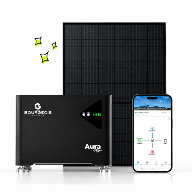 Offre solaire Premium Plus : panneau photovoltaïque noir, batterie de stockage Bourgeois Global Aura Mini et application de suivi de l'énergie
