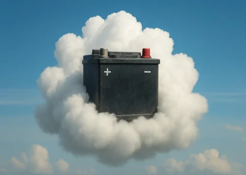 Illustration conceptuelle d’une batterie virtuelle solaire symbolisée par une batterie flottant dans un nuage