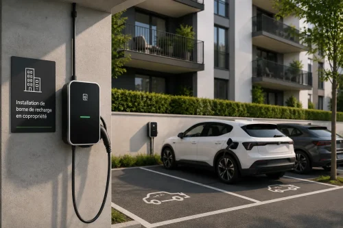 Bornes de recharge murales installées sur un parking de copropriété avec véhicules électriques en charge devant un immeuble résidentiel