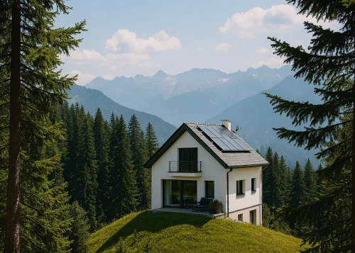 Maison isolée en montagne équipée de panneaux solaires photovoltaïques pour viser l’autonomie énergétique