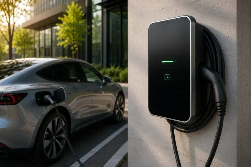 Borne de recharge murale avec véhicule électrique gris en charge, installation extérieure résidentielle